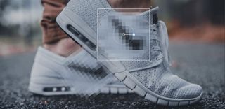 Shoe with censored product label